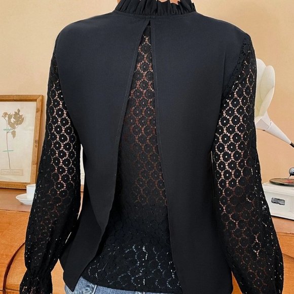 Black Elegant Womens Contrast Lace Flounce Sleeve Frilled Neck Blouse - Picture 4 of 4
